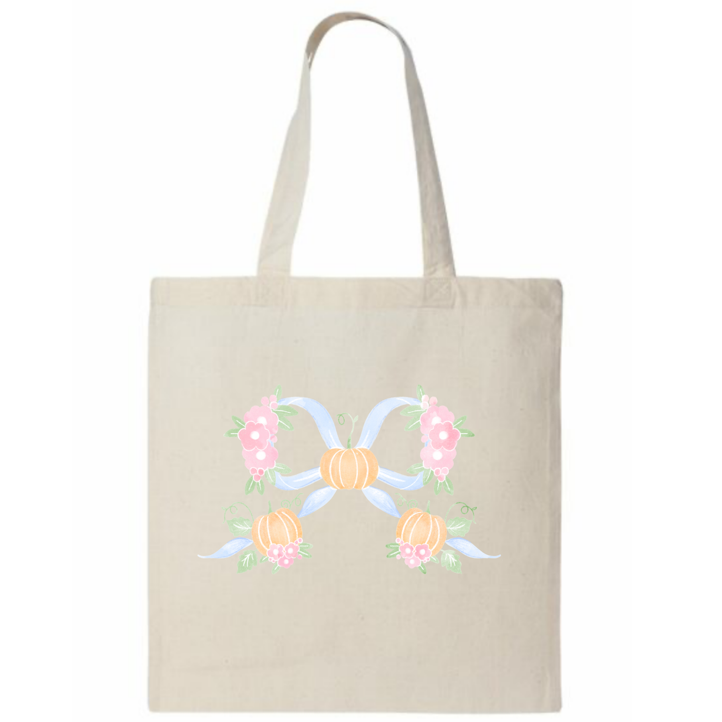 Beige tote bag with a decorative bow and floral elements on a white background
