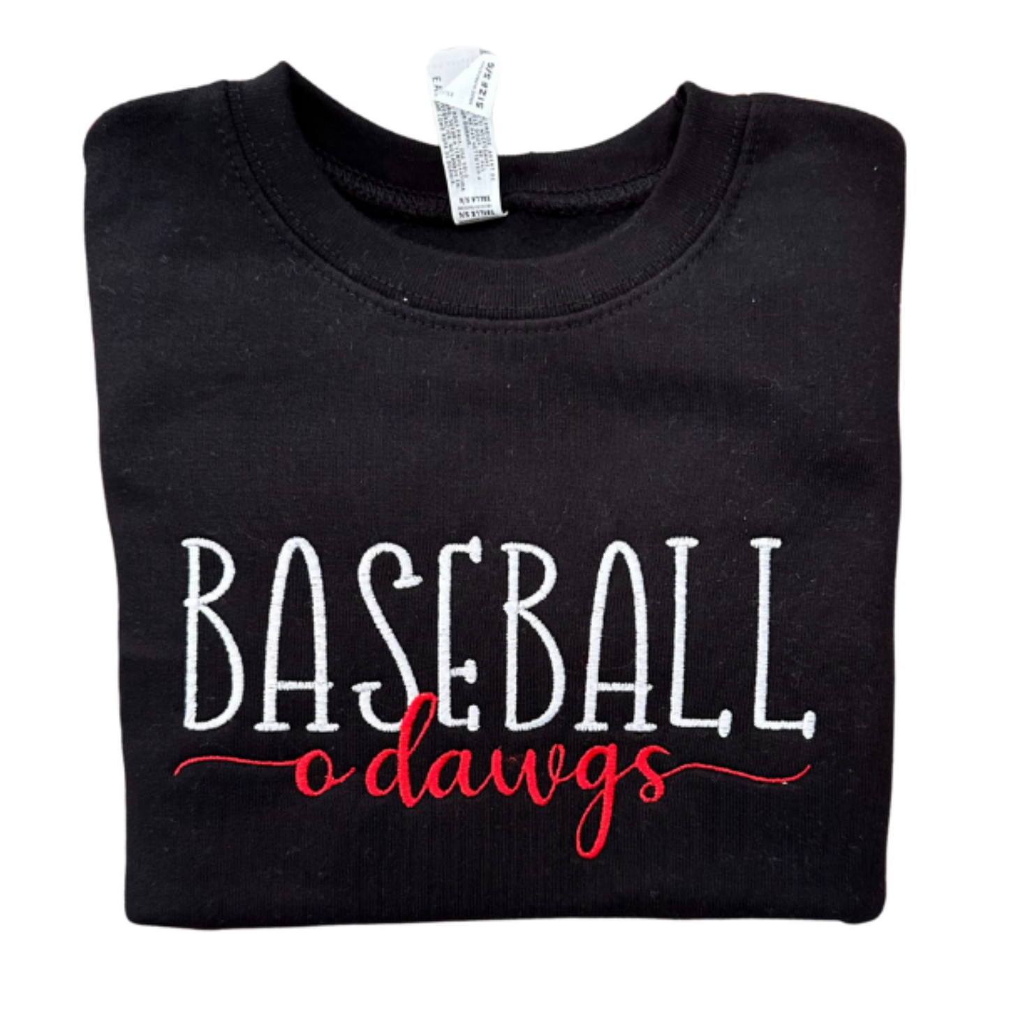 A black spirit wear shirt with the text 'BASEBALL o dawgs' printed in white and red on the front.