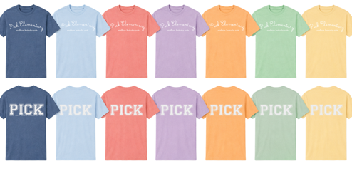 A catalog-style graphic showing multiple short-sleeve crewneck T-shirts in different colors arranged in two rows on a white background, with large 'PICK' text across the chest on some shirts. Below the shirts, an arrow points to text stating the shirts are offered in tee shirts, crewnecks, and asking about script or bold lettering.