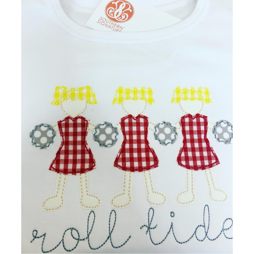 White shirt with embroidered design of three girls in red checkered dresses and 'Roll Tide' text.