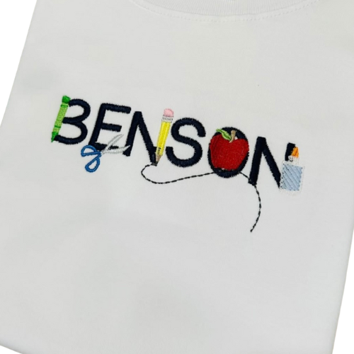 Embroidered name 'BENSON' with school-themed icons on a white background