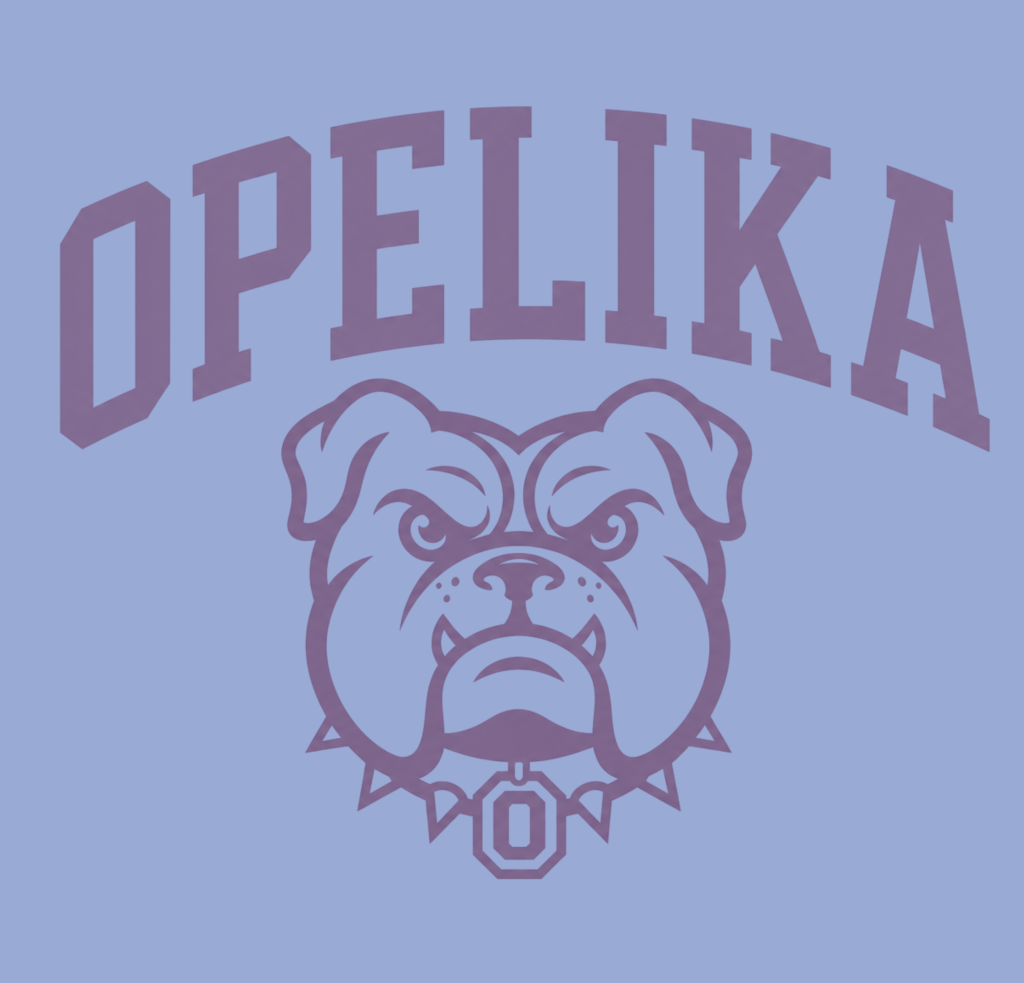 Opelika text arched over a bulldog mascot graphic wearing a spiked collar with an O pendant