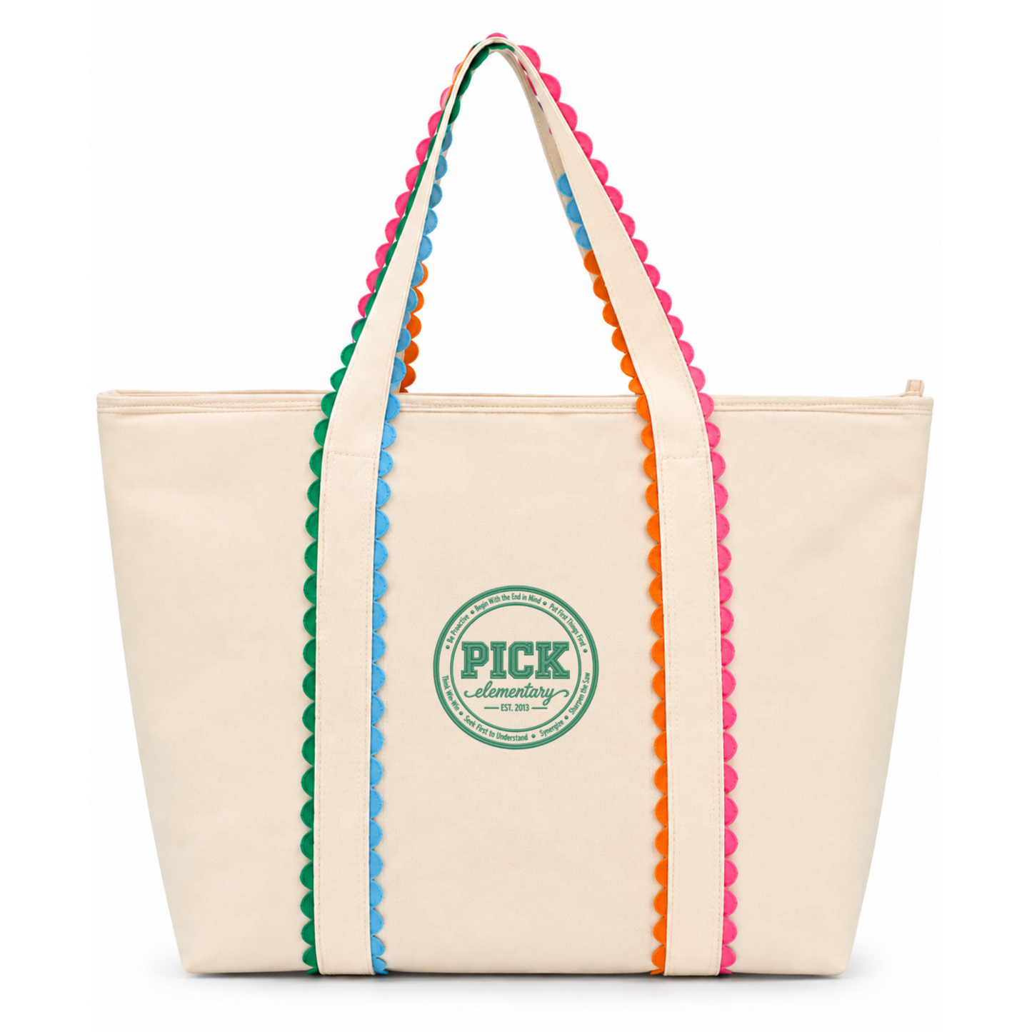 A cream canvas tote bag with colorful scalloped trim along the handles and sides, featuring a green circular 'PICK elementary school' logo on the front, set against a plain white background.