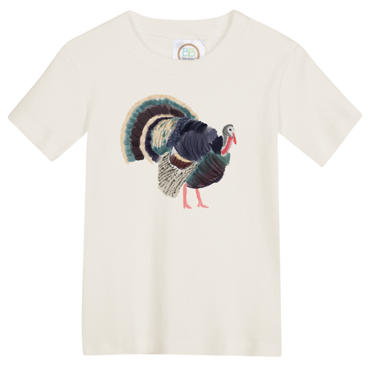 White t-shirt with a colorful turkey graphic on a white background