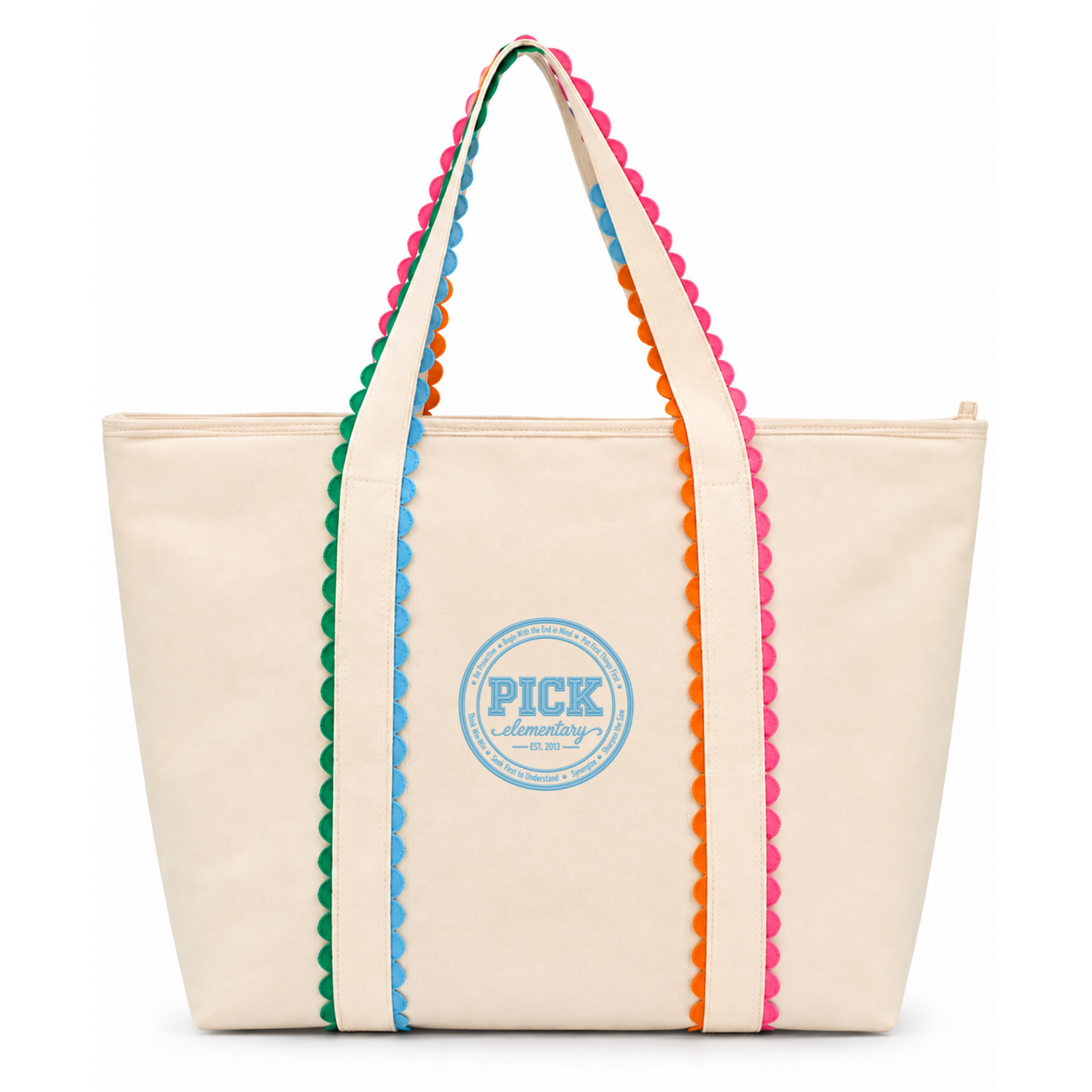A cream canvas tote bag with colorful scalloped trim along the handles and sides, featuring a blue circular 'PICK anything!' logo on the front, set against a plain white background.