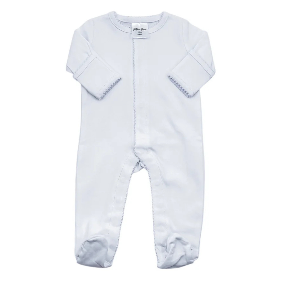 White long sleeve footed Picot Sleeper with delicate trim