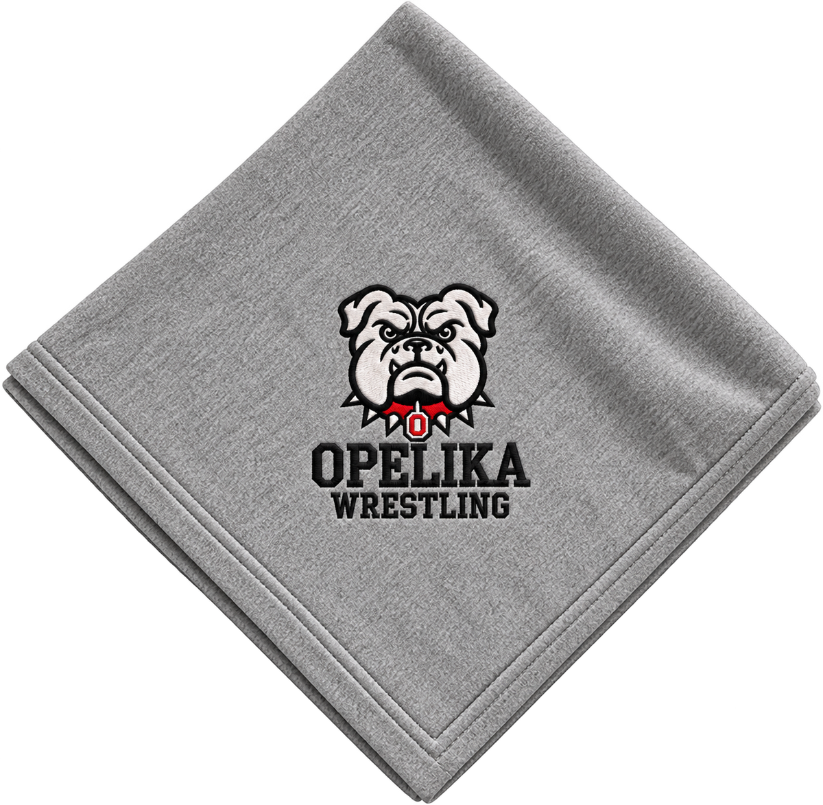 Grey Bulldog Blanket with Opelika Wrestling logo and bulldog graphic
