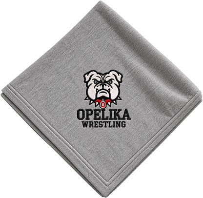 Grey Bulldog Blanket with Opelika Wrestling logo and bulldog graphic