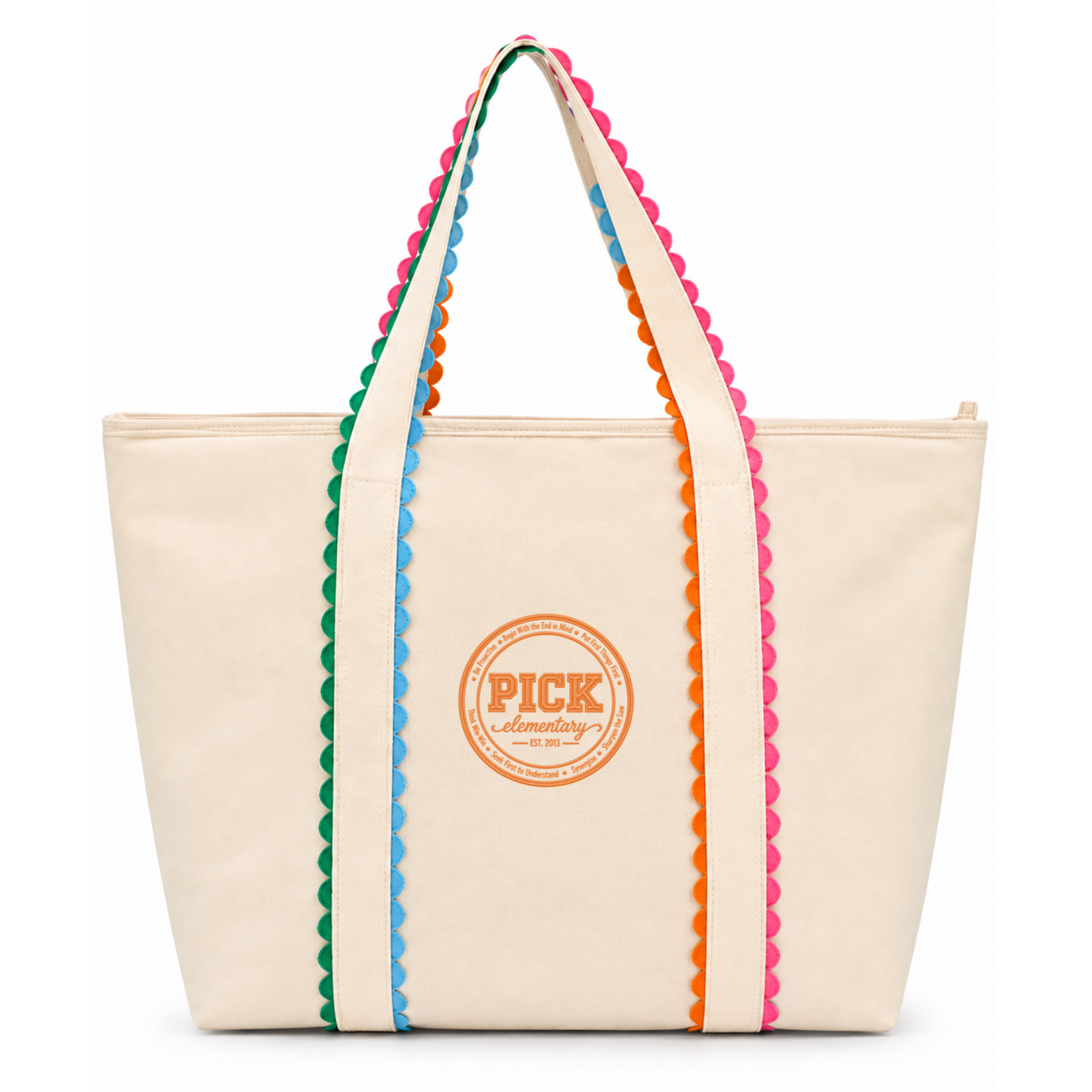 A cream canvas tote bag with colorful scalloped trim along the handles and sides, featuring a circular orange 'PICK elementary' logo on the front, set against a plain white background.