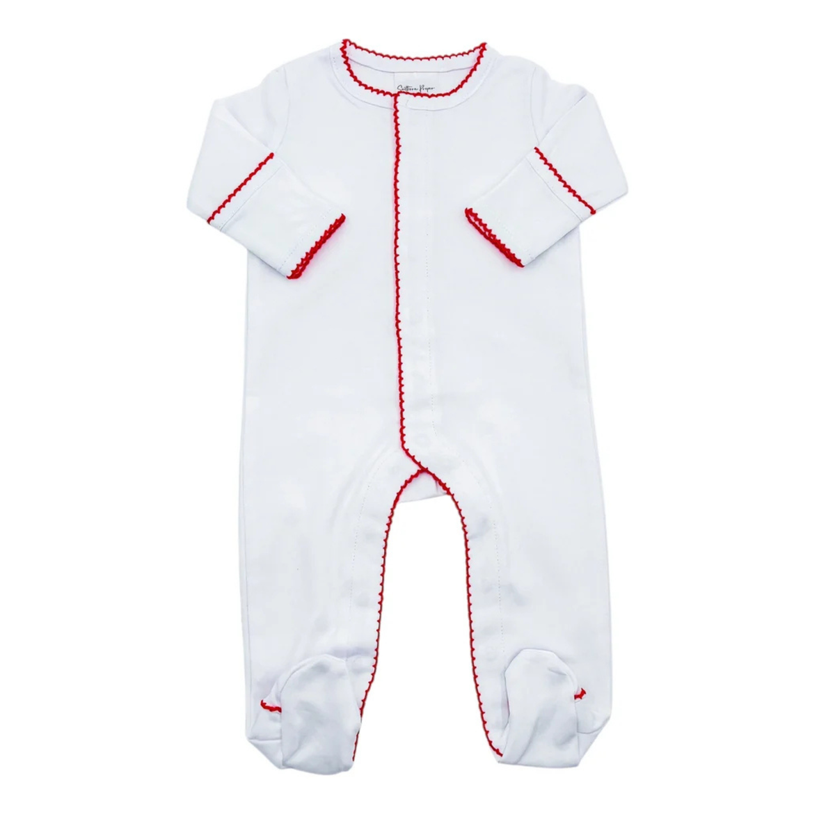 White Picot Sleeper with red scalloped trim on the collar cuffs and front opening