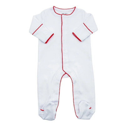 White Picot Sleeper with red scalloped trim on the collar cuffs and front opening