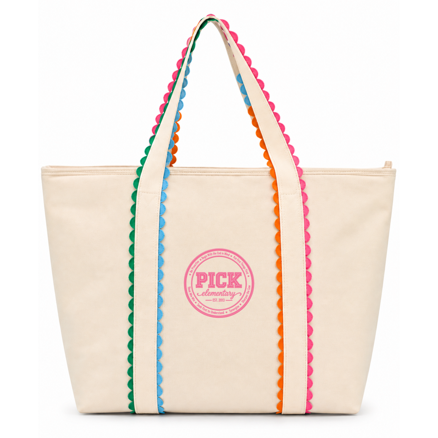 A cream canvas tote bag with colorful scalloped trim along the handles and sides, featuring a pink circular 'PICK everyday' logo on the front, set against a plain white background.