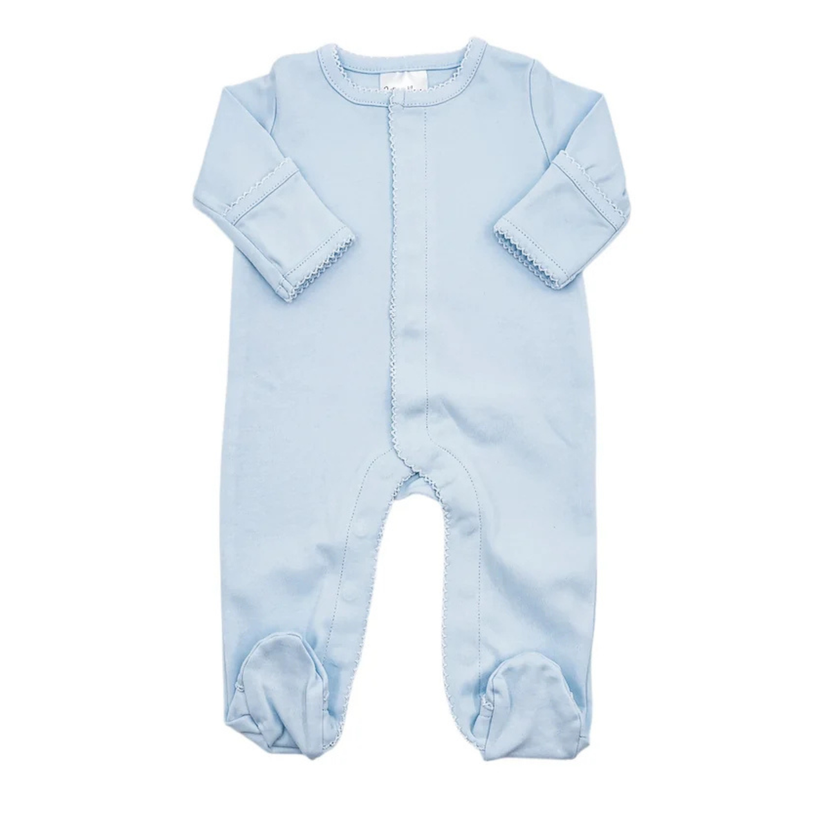 Light blue long sleeve Picot Sleeper with snap front closure and footed bottoms