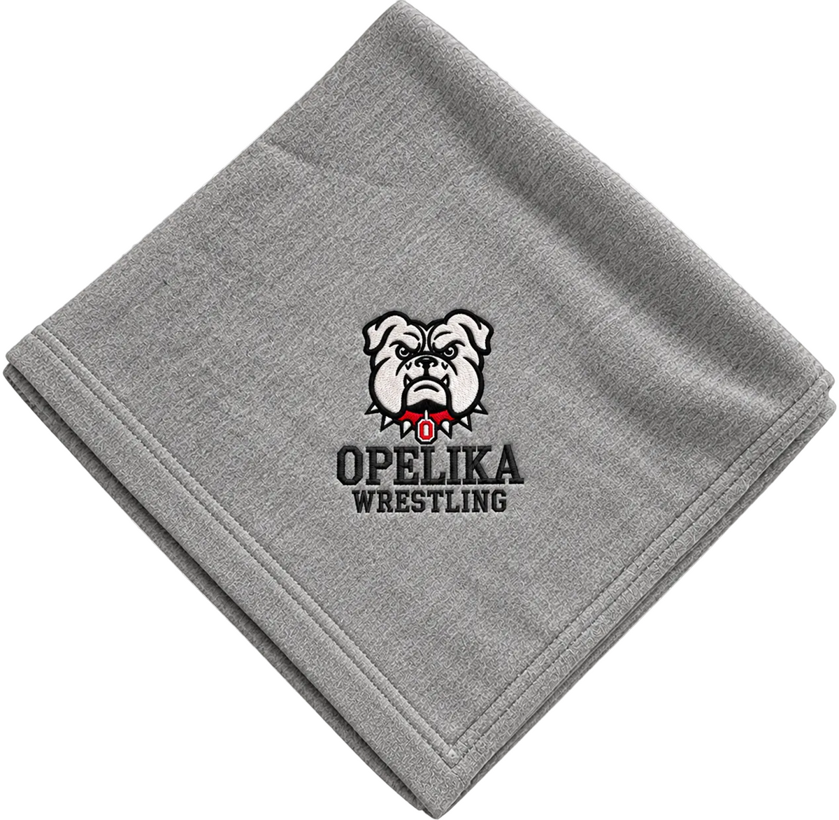 A folded gray t-shirt towel featuring the 'OPELIKA WRESTLING' bulldog logo in black, white, and red, shown on a transparent checkerboard background.