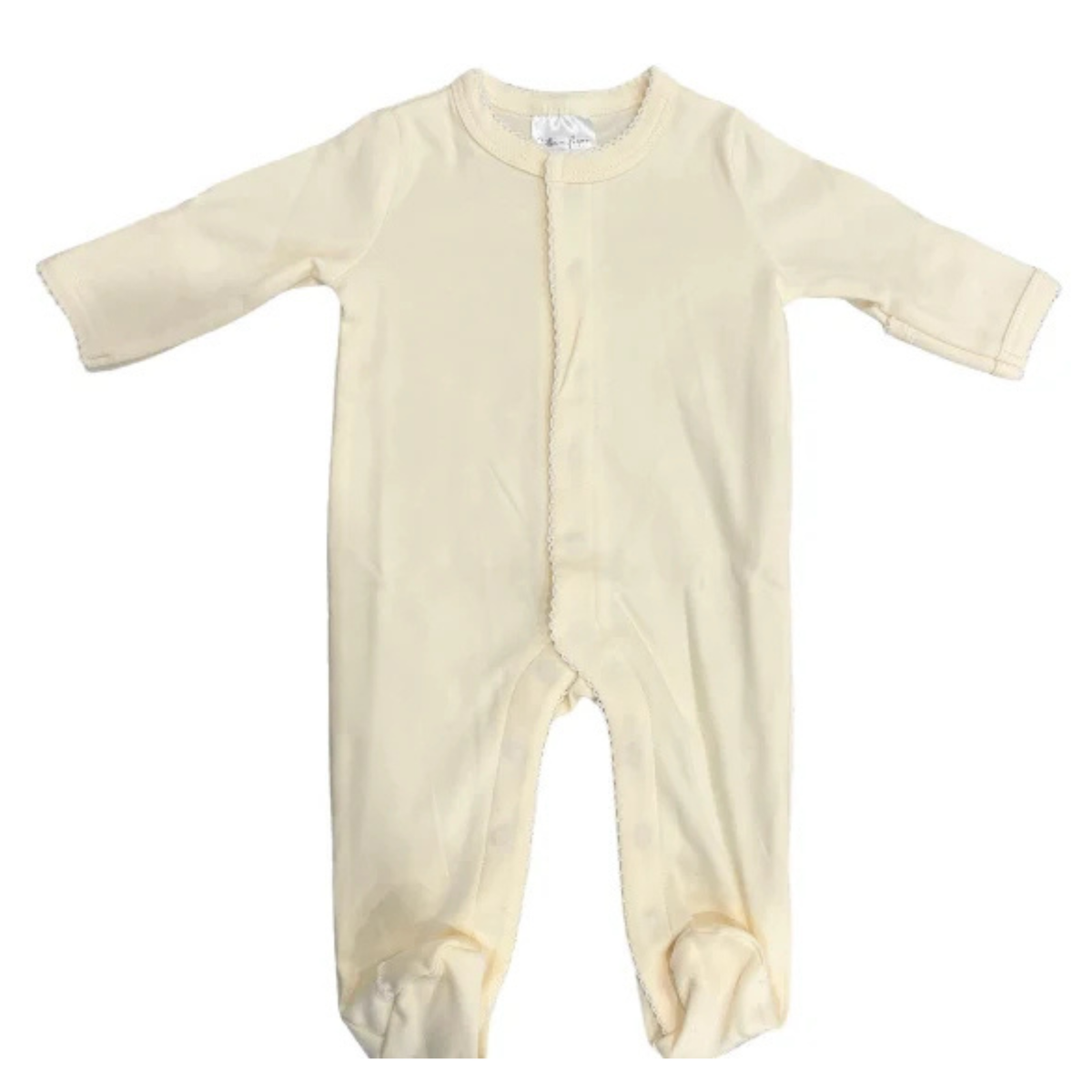 Cream colored Picot Sleeper with long sleeves and footed bottoms