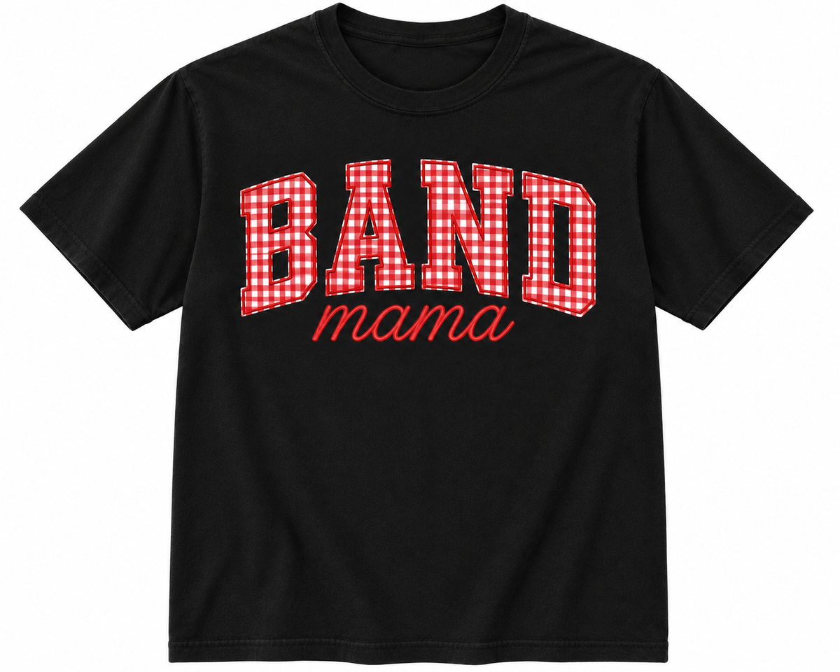 Black t-shirt with Band Mama Gingham Design featuring red and white checkered block letters and red cursive text