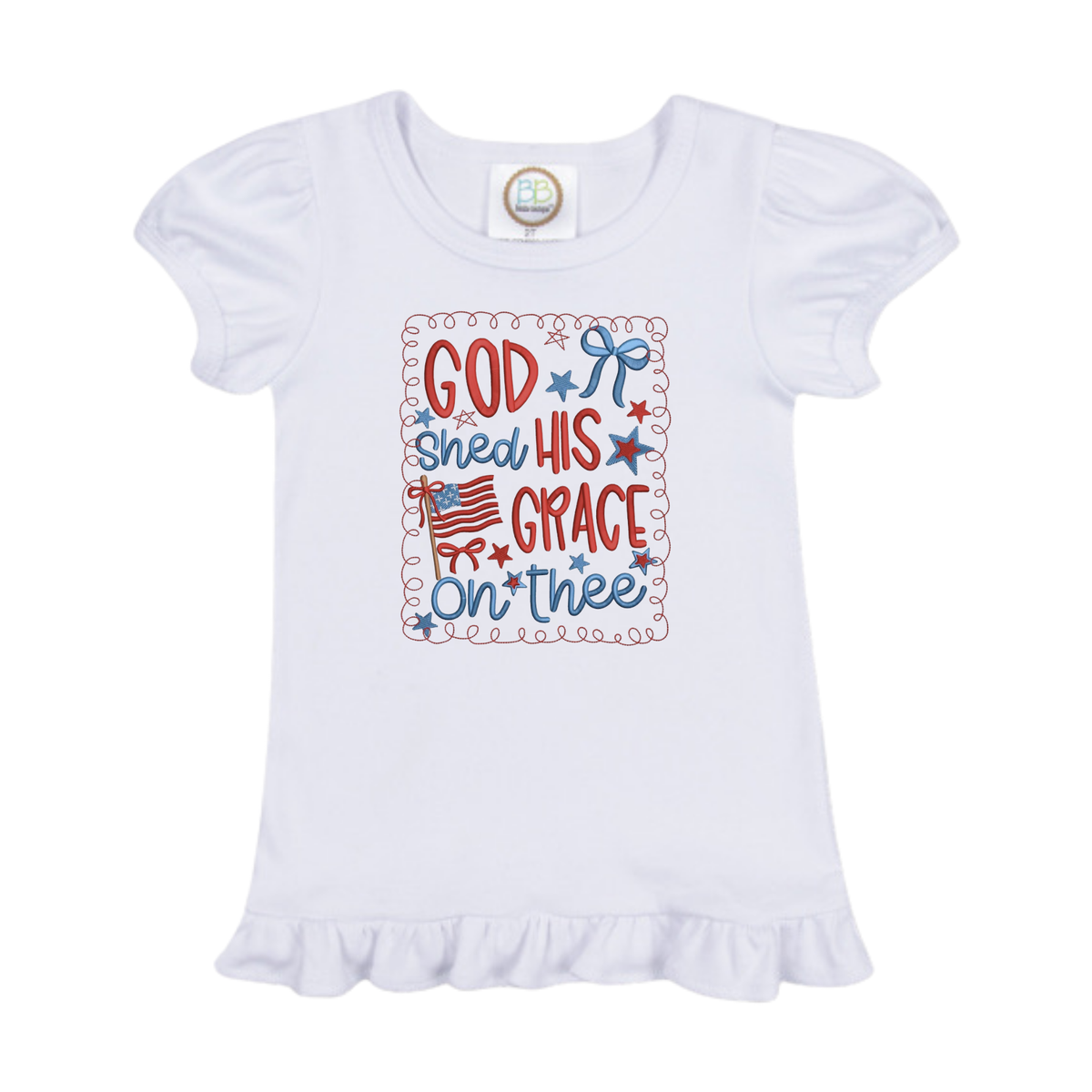 White toddler ruffle shirt with God Shed His Grace embroidery design featuring American flag and stars