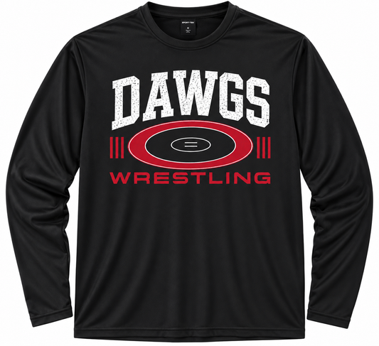 Black long sleeve Dawgs Wrestling dry-fit shirt with white and red graphic