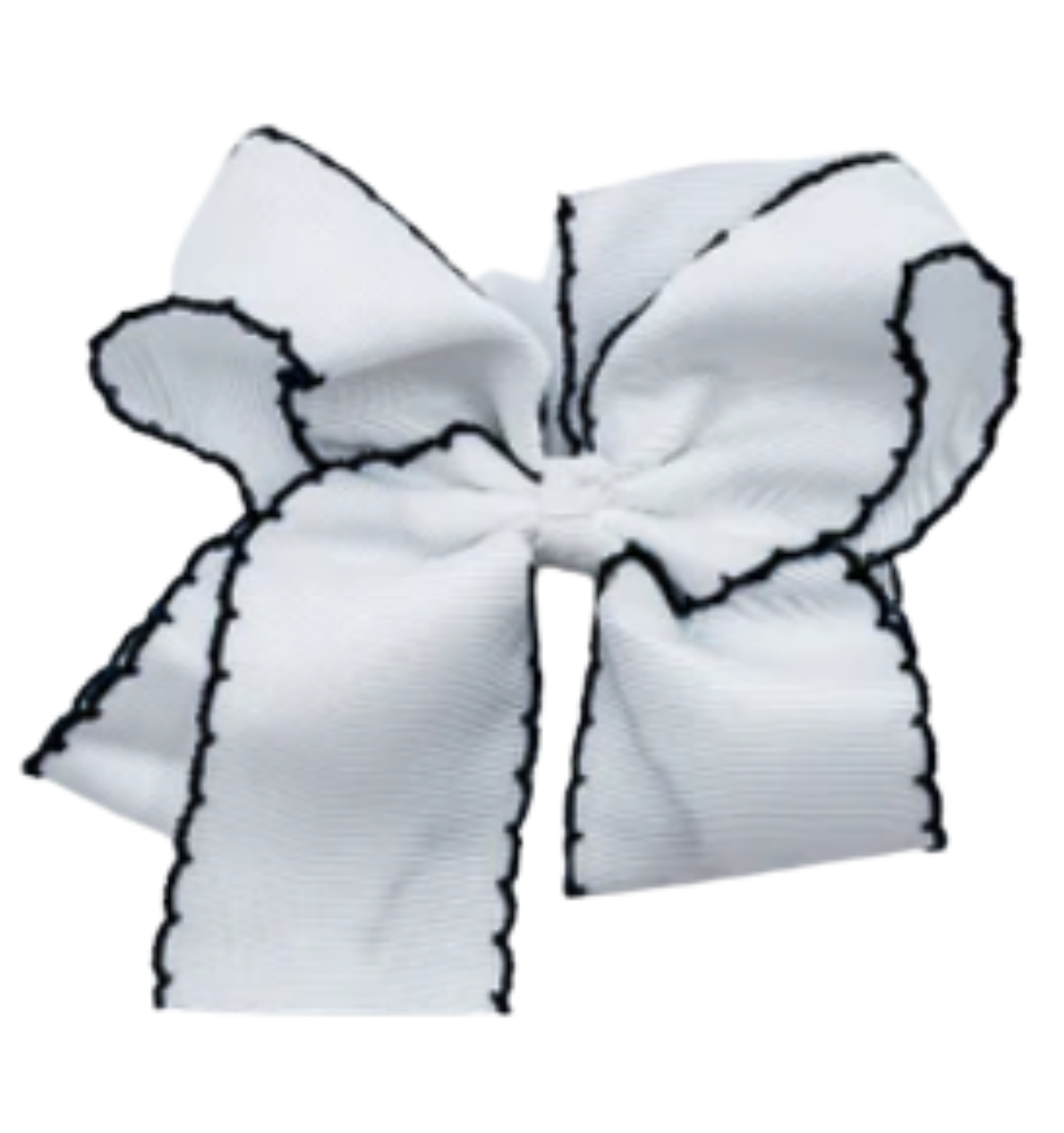White bow with black trim on a white background