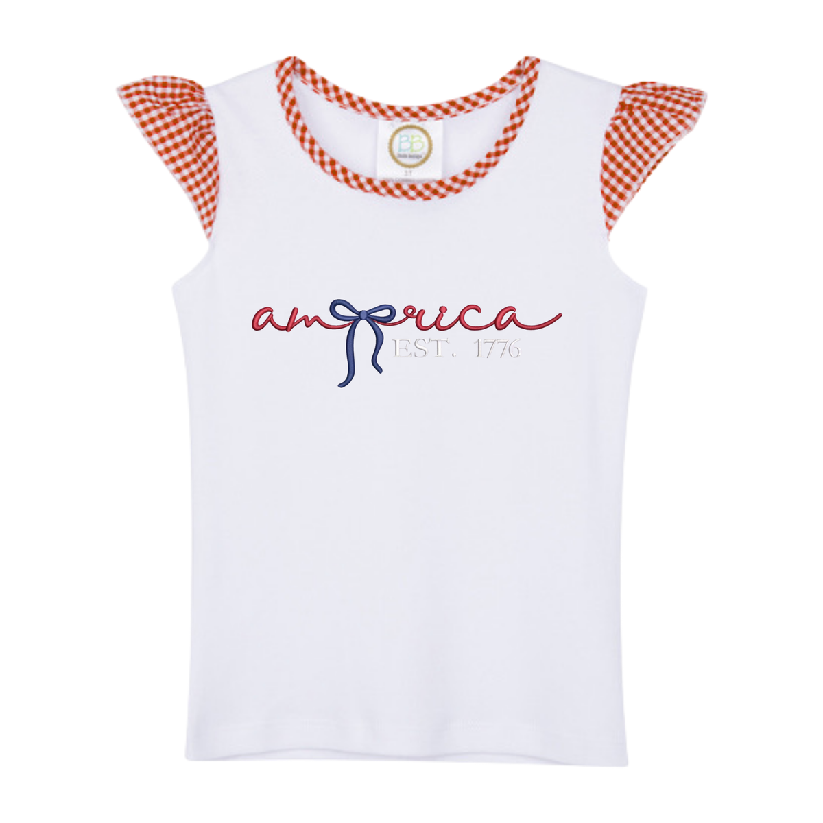 White short sleeve shirt with red gingham trim and America design with blue bow