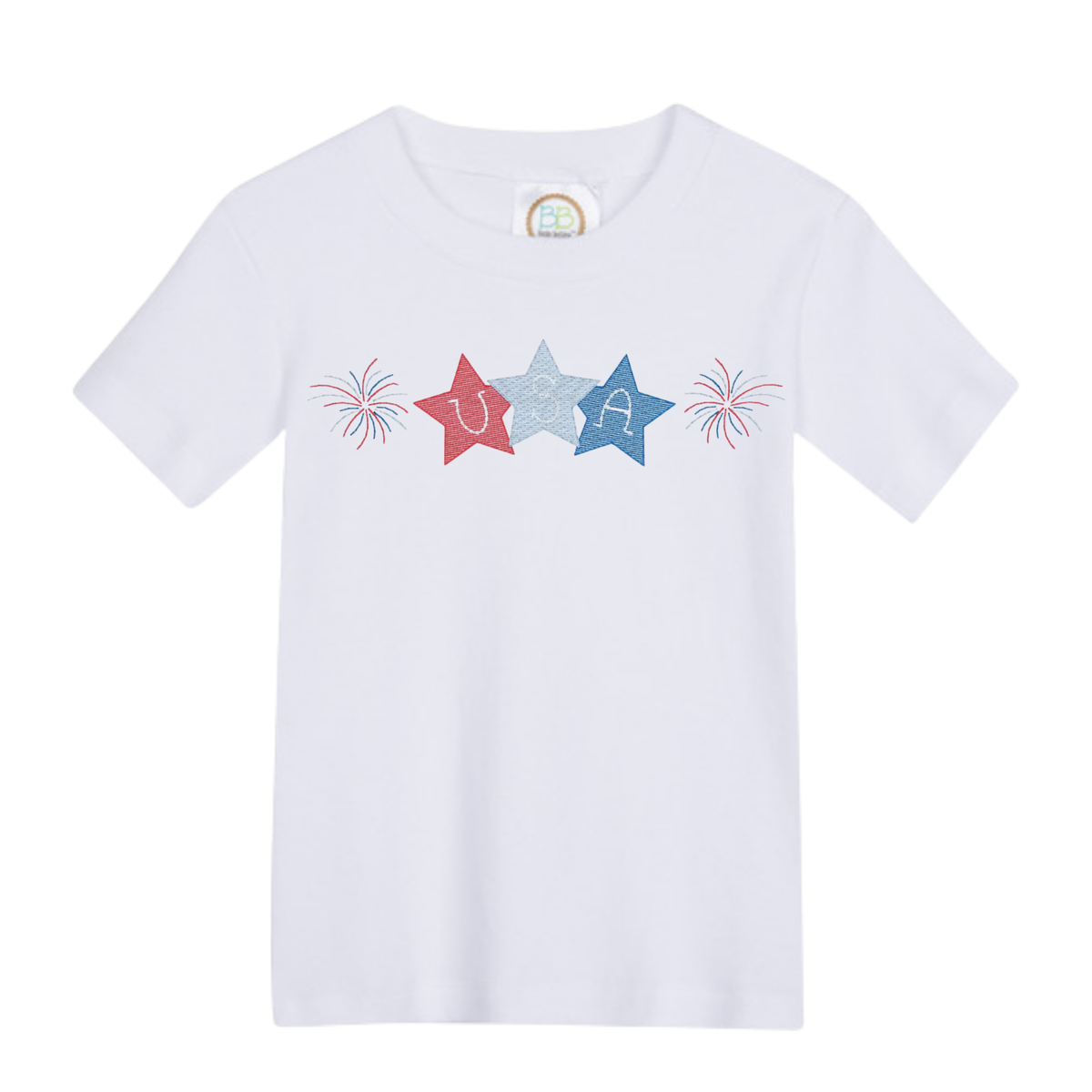 White short sleeve t-shirt with USA stars design and firework embroidery