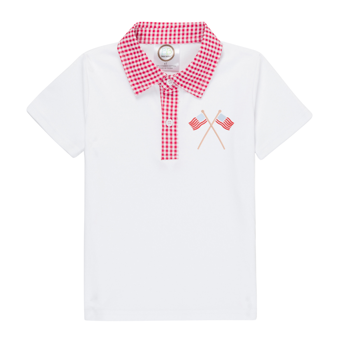 White polo shirt with red gingham collar and placket featuring a Playful Flags Design embroidery