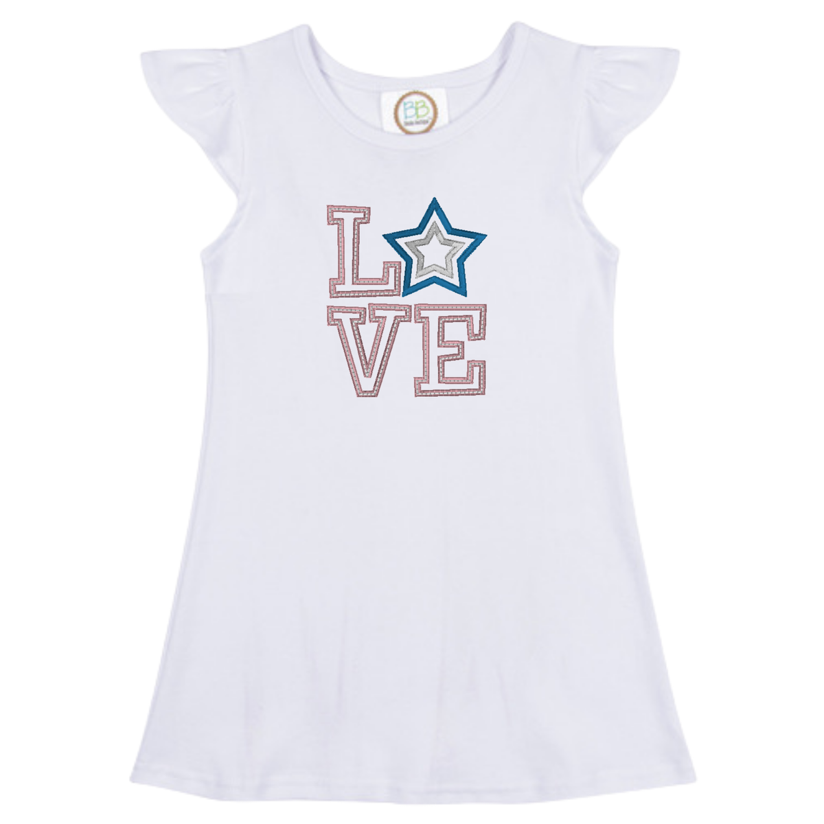 White flutter sleeve dress with Star Love design applique