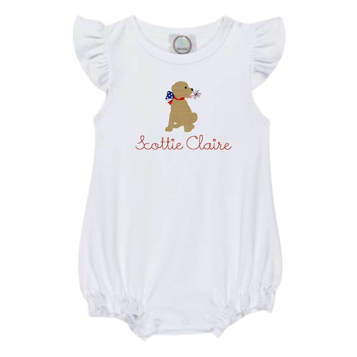 White baby bubble romper with Patriotic Pup design and the name Scottie Claire