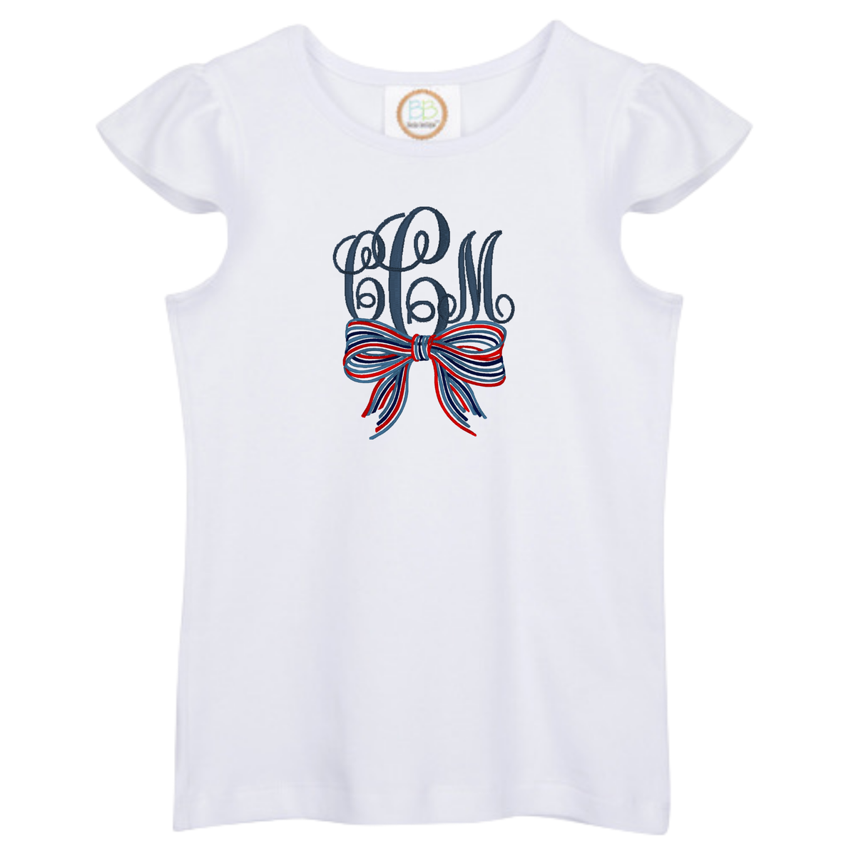 White flutter sleeve shirt with a red white and blue striped bow and monogram design