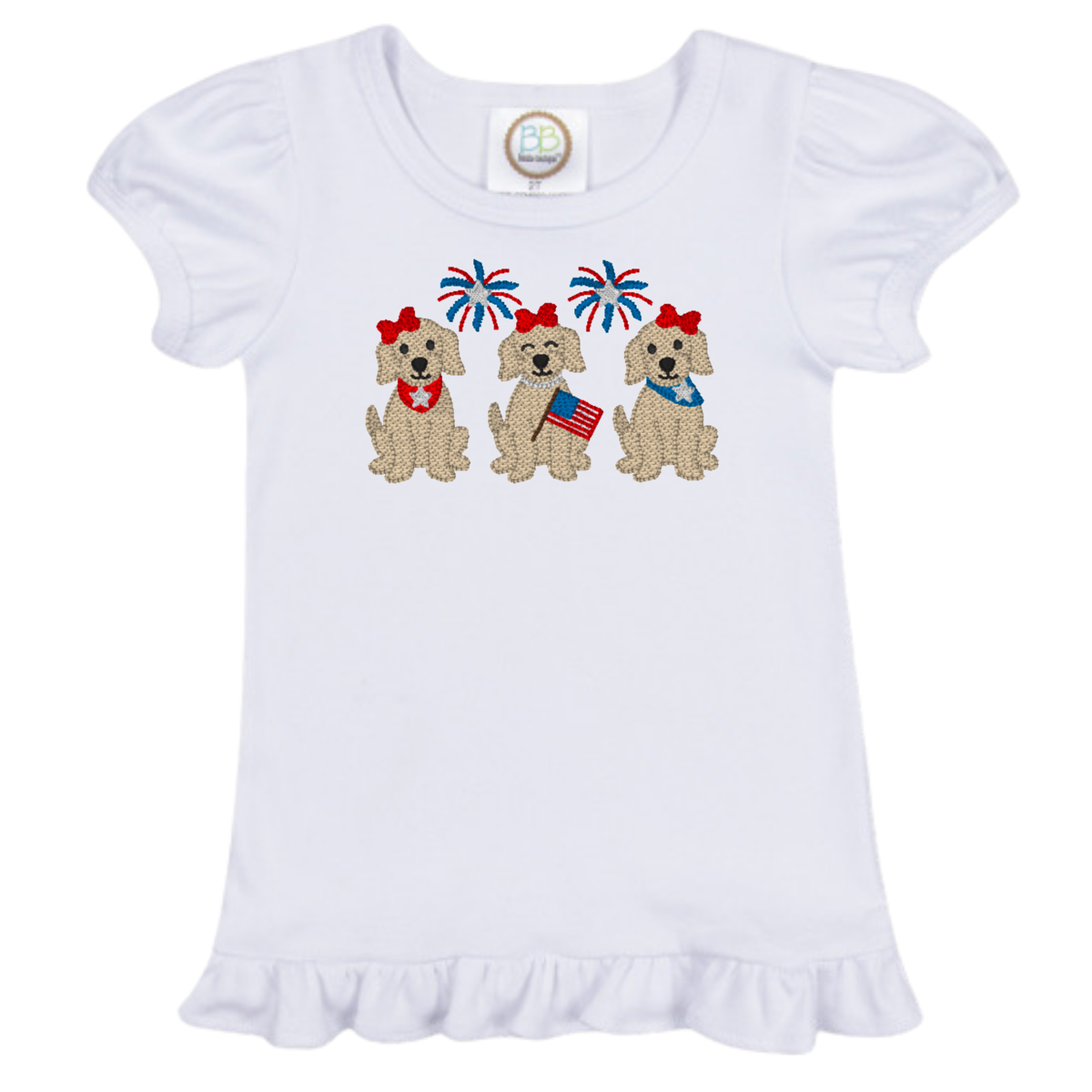 White short sleeve shirt with USA Pups with Bows embroidery design