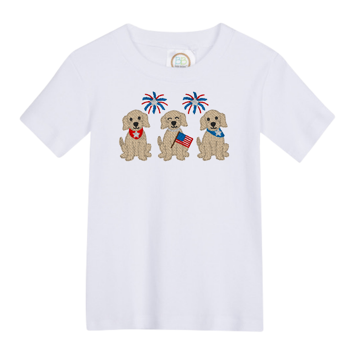 White t-shirt featuring an embroidered USA Pups design with three puppies and fireworks
