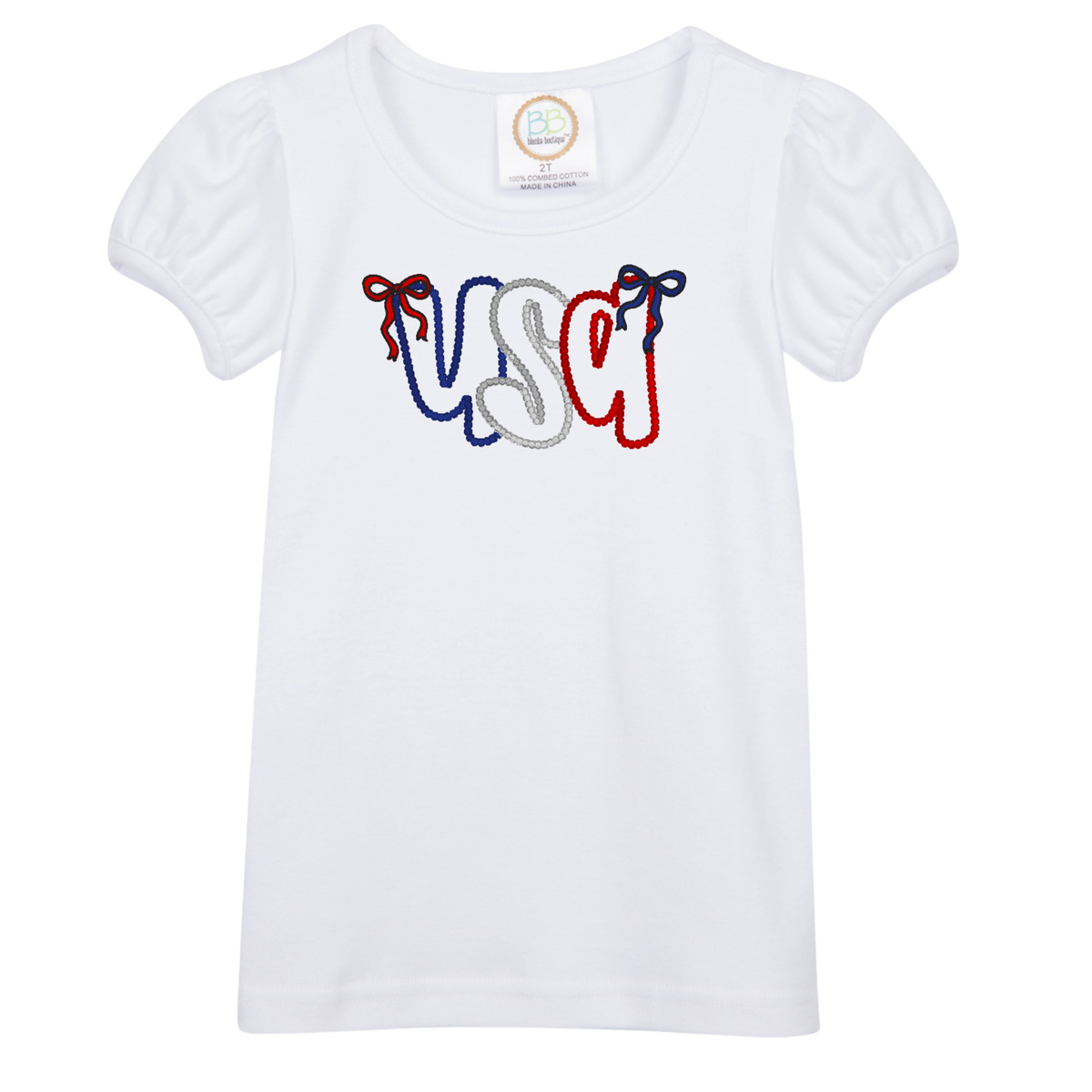 White short sleeve shirt with USA design in red white and blue beads and bows
