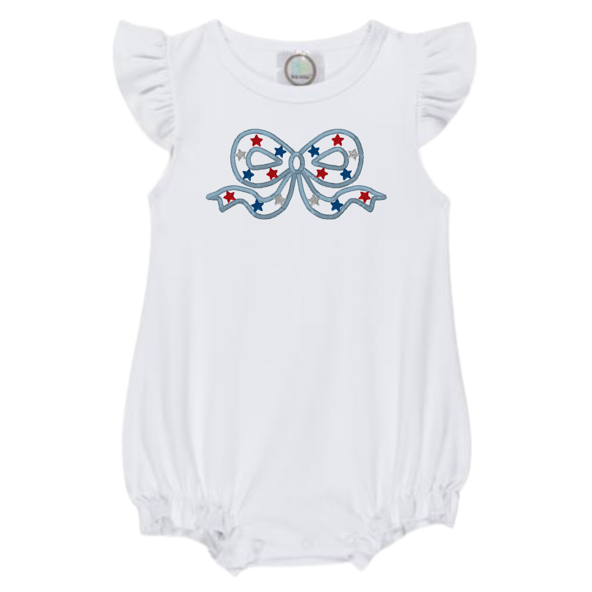 White baby bubble romper with a Star Bow Design embroidery