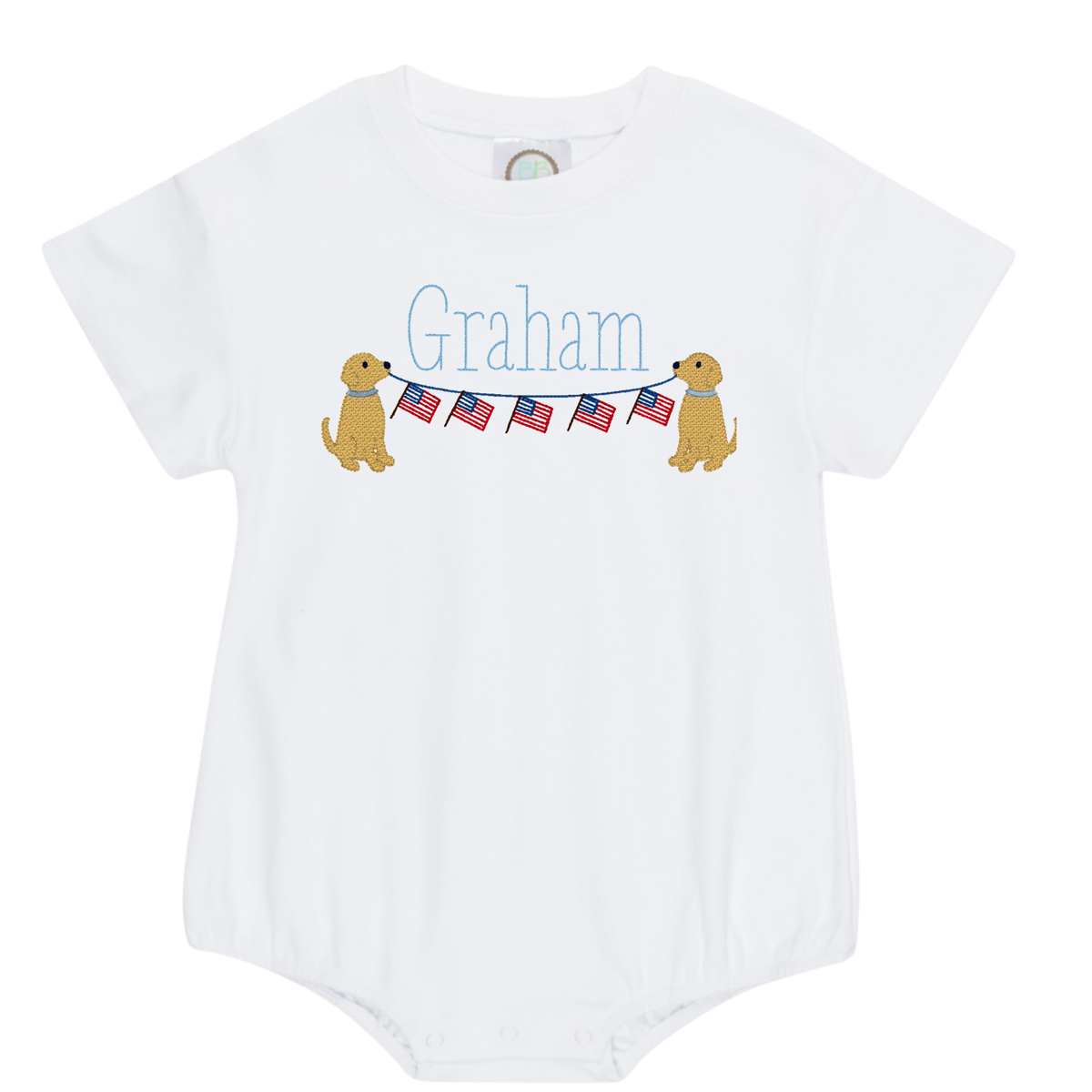 White baby romper with embroidered Graham name and two dogs holding a flag banner design