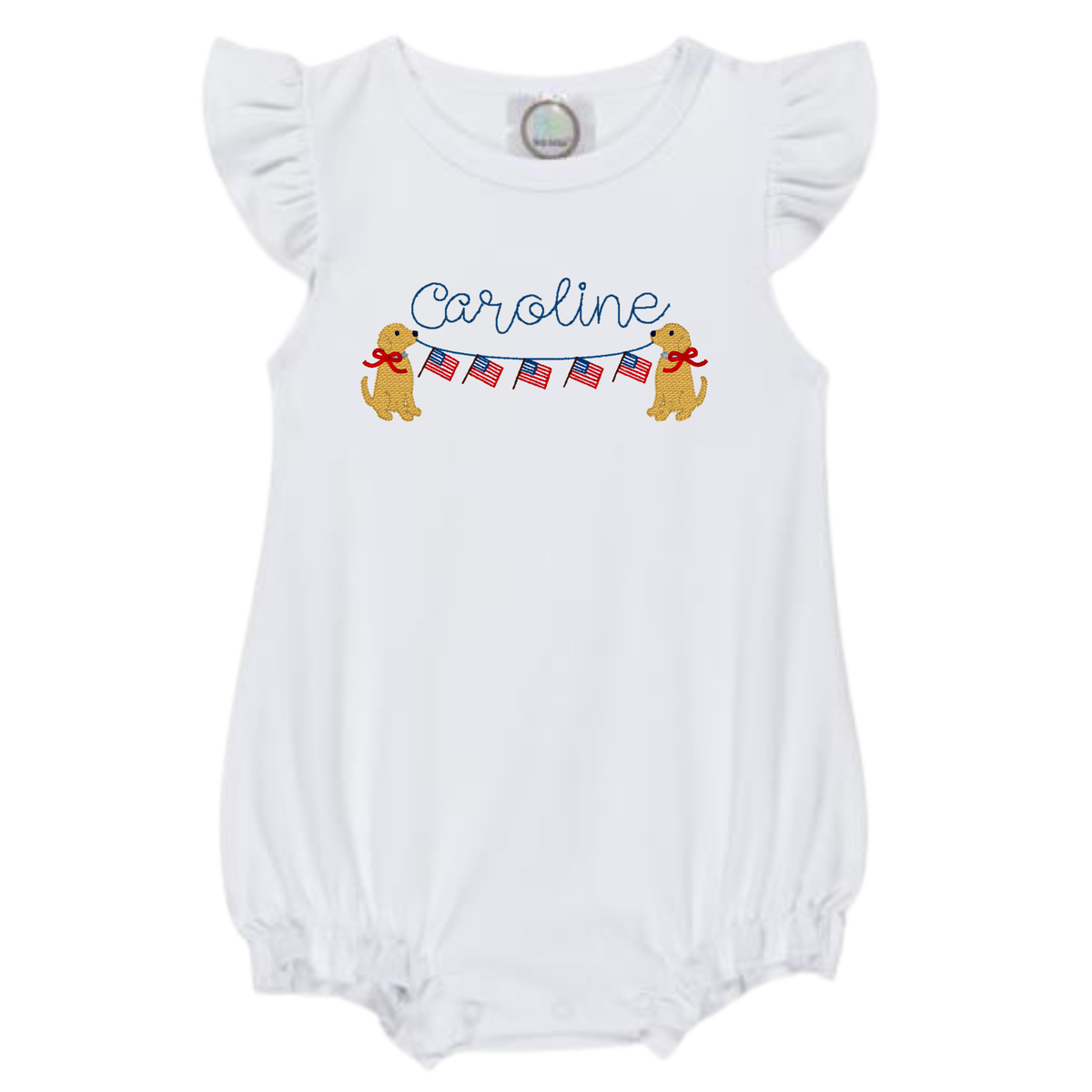 White baby bubble romper with embroidered golden retriever puppies holding a flag banner and the name Caroline