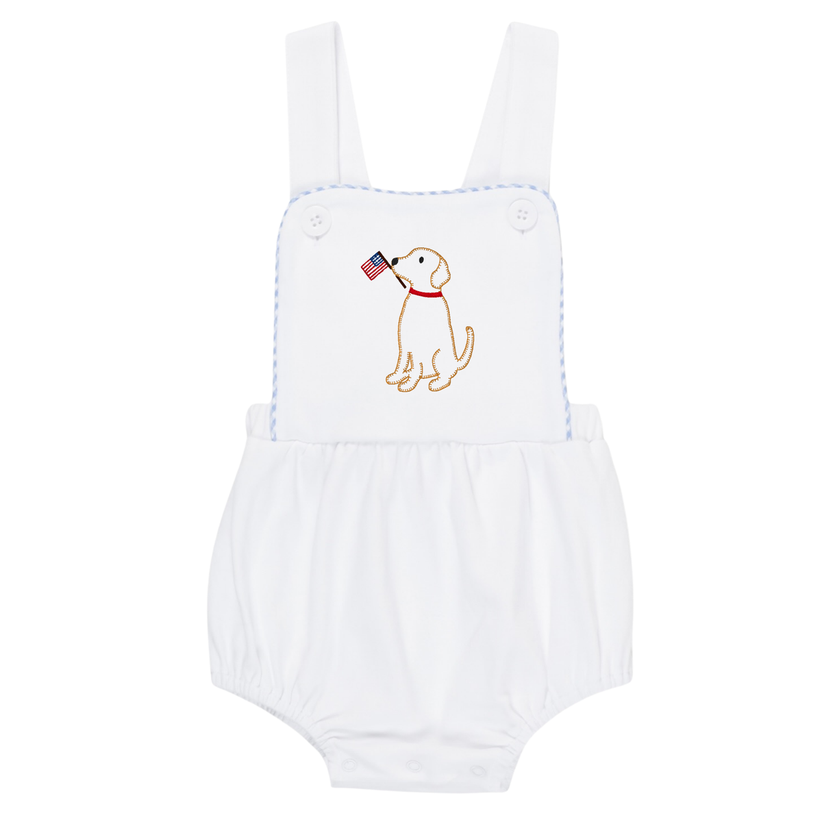 White baby bubble romper with a Puppy Flag Outline Design embroidery