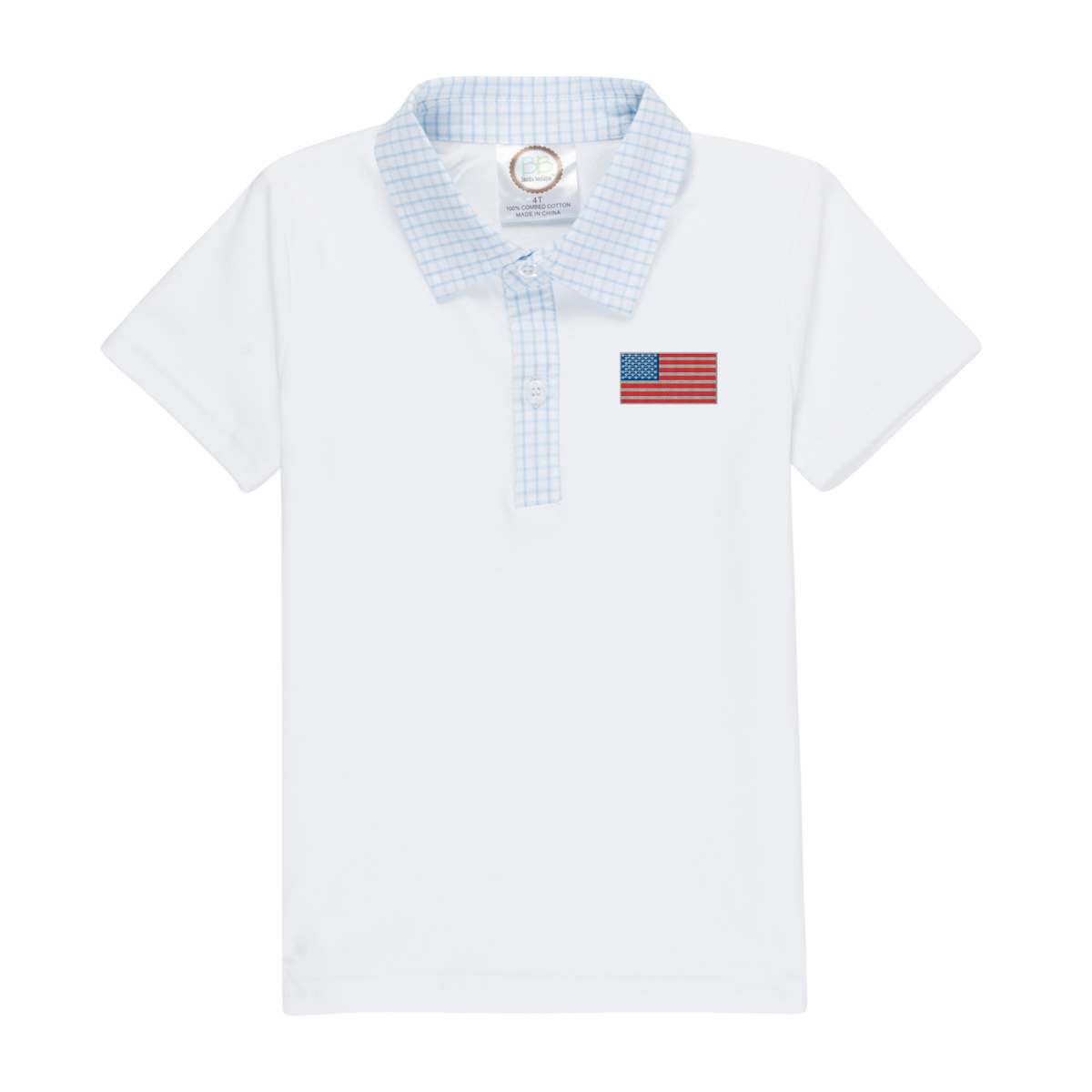 White polo shirt with a blue checkered collar and an embroidered American flag design
