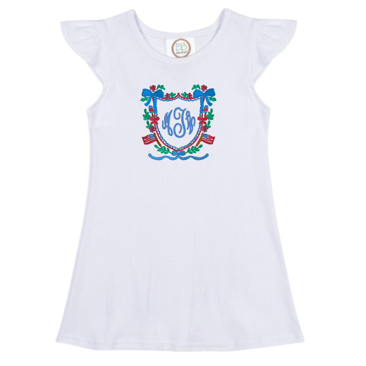 White flutter sleeve dress with embroidered Floral Flag Crest Design