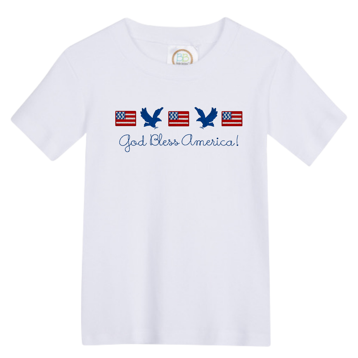 White t-shirt with Mr Man Flag Design featuring American flags eagles and the text God Bless America