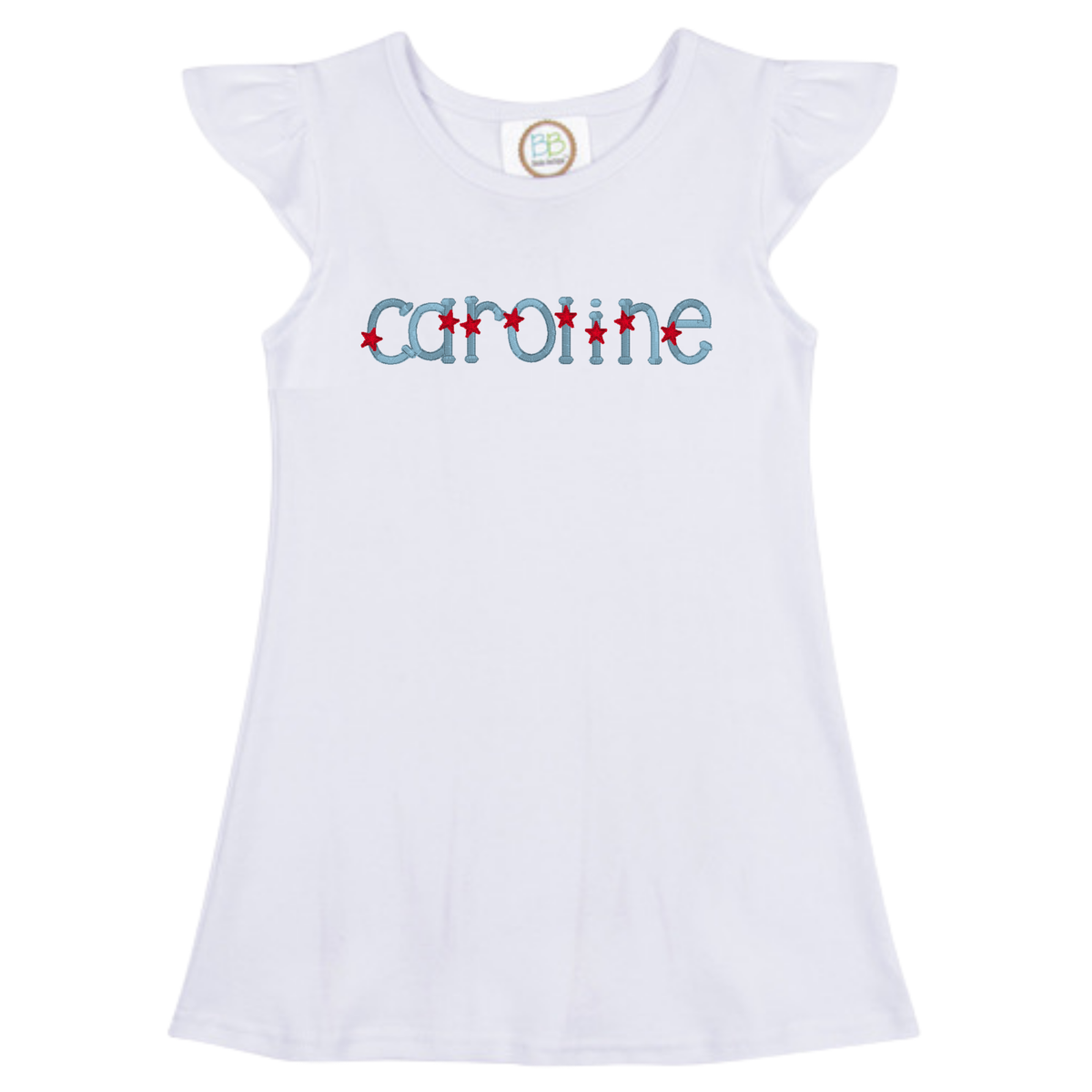 White flutter sleeve dress with Caroline embroidered in blue with red star accents in Star Font Design