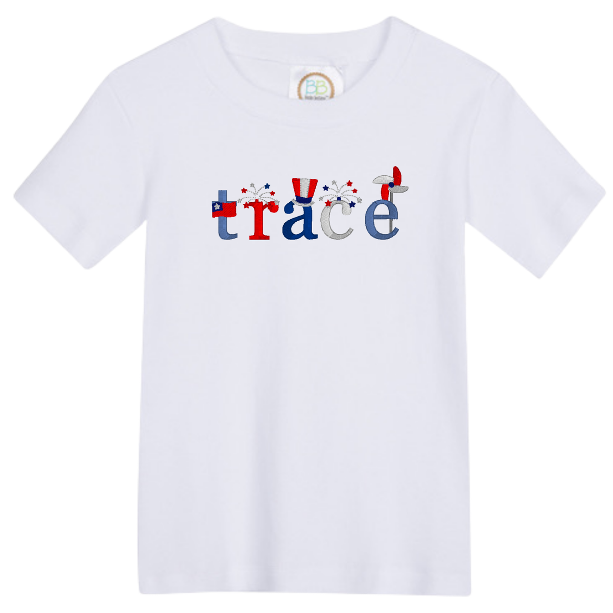 White t-shirt with Uncle Sam font design spelling trace in patriotic embroidery