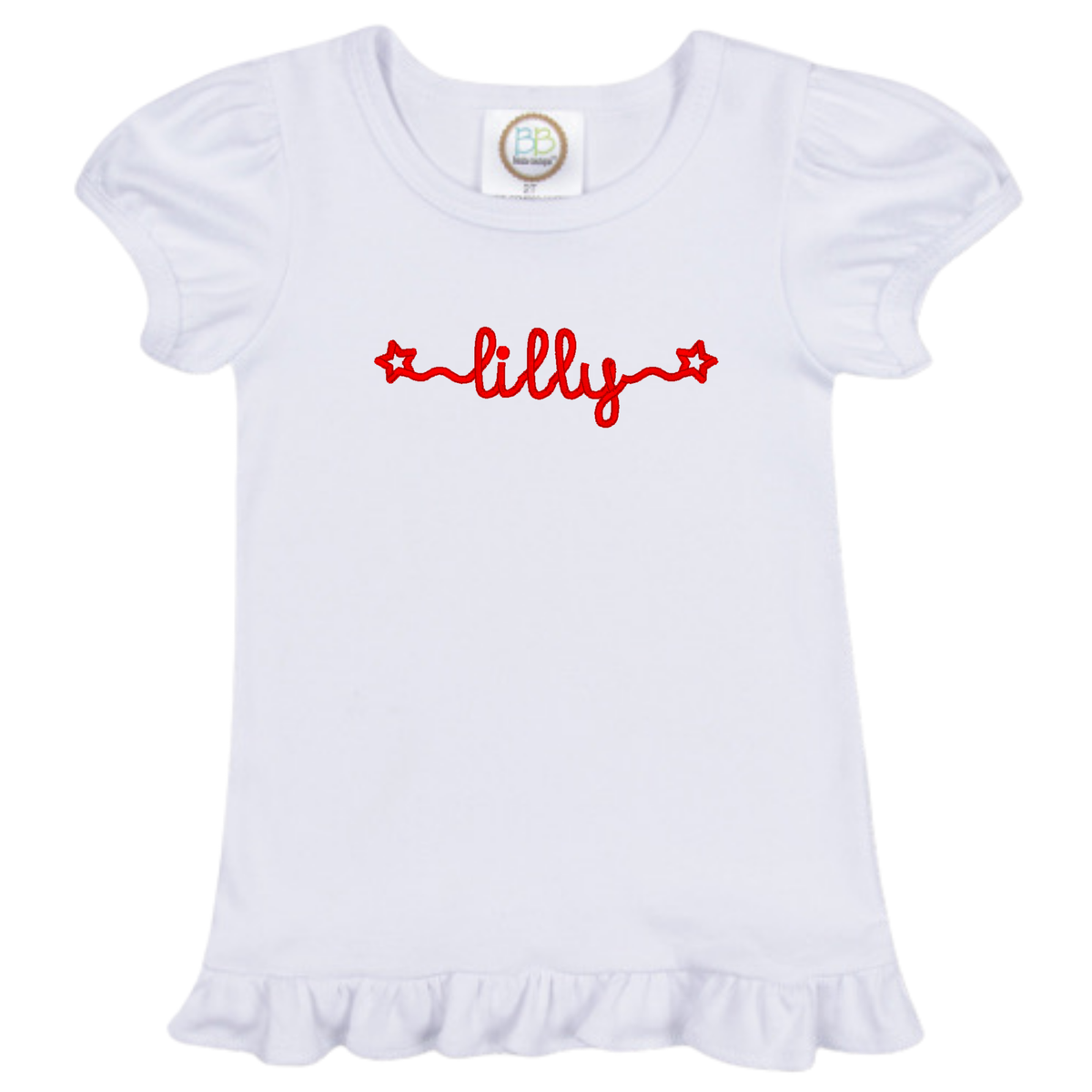 White short sleeve shirt with Youre a Star font design featuring the name lilly in red with star accents