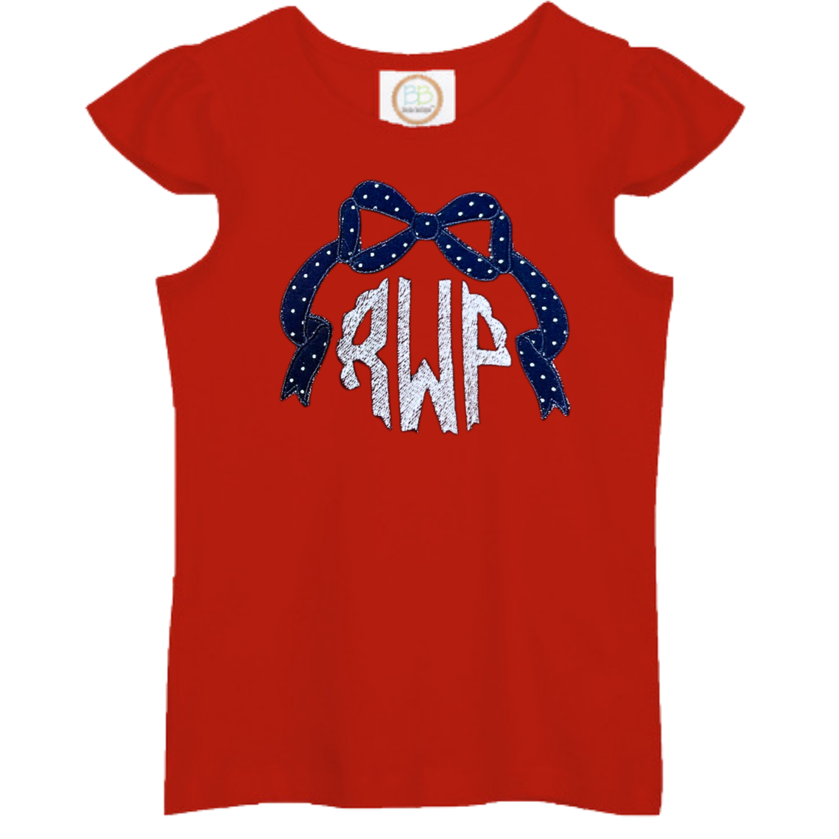 Red flutter sleeve shirt with USA bow frame design and white monogram letters