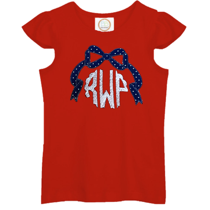 Red flutter sleeve shirt with USA bow frame design and white monogram letters