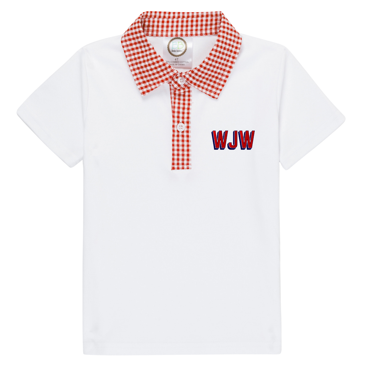White polo shirt with red gingham collar and placket featuring Layne Fill Block Design monogram