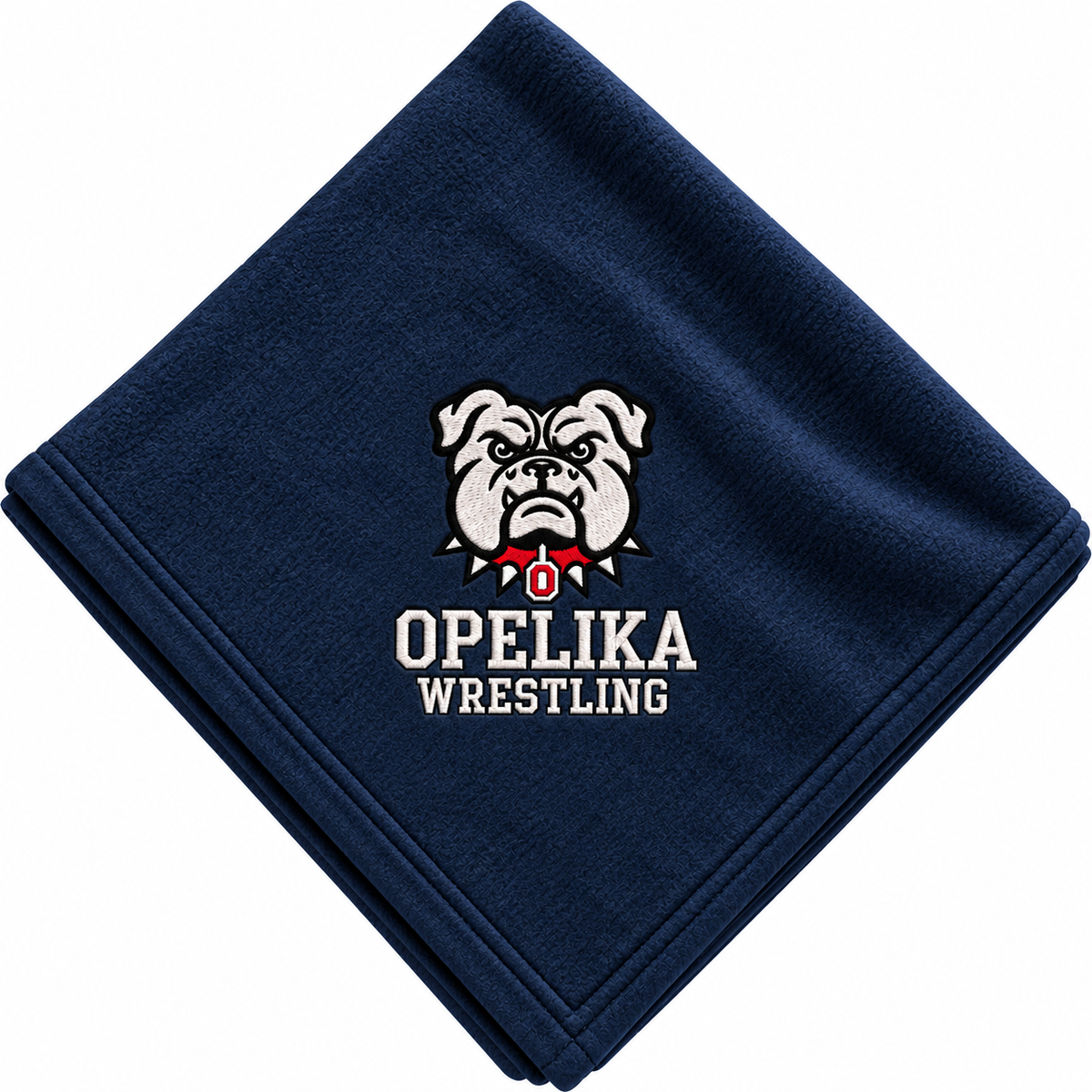 Navy blue Bulldog Blanket with Opelika Wrestling logo and bulldog mascot graphic