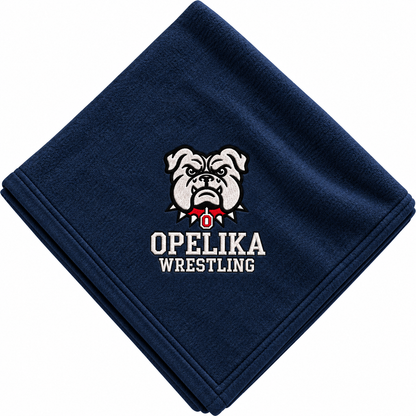Navy blue Bulldog Blanket with Opelika Wrestling logo and bulldog mascot graphic