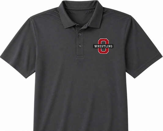 Dark grey polo shirt with O Wrestling embroidery design on the left chest
