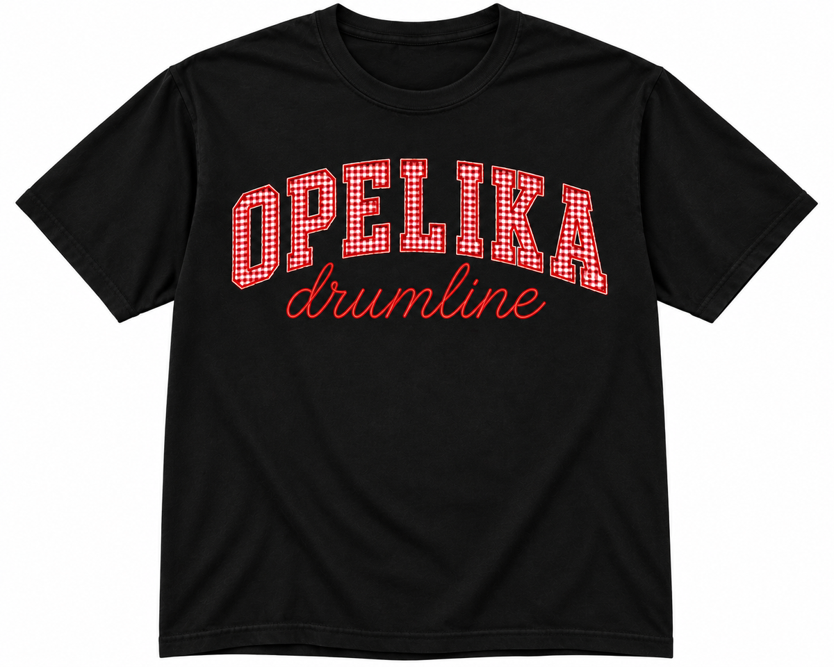 Black t-shirt with red and white gingham Opelika Drumline text