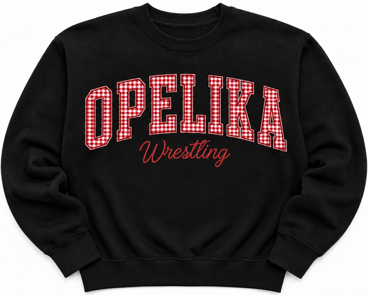 Black crewneck sweatshirt with Opelika in red and white gingham block letters and Wrestling in red script